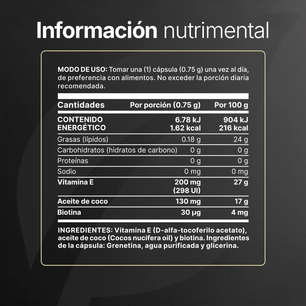Vitamina E en Cápsulas | Con Biotina y Aceite de Coco | 298 UI