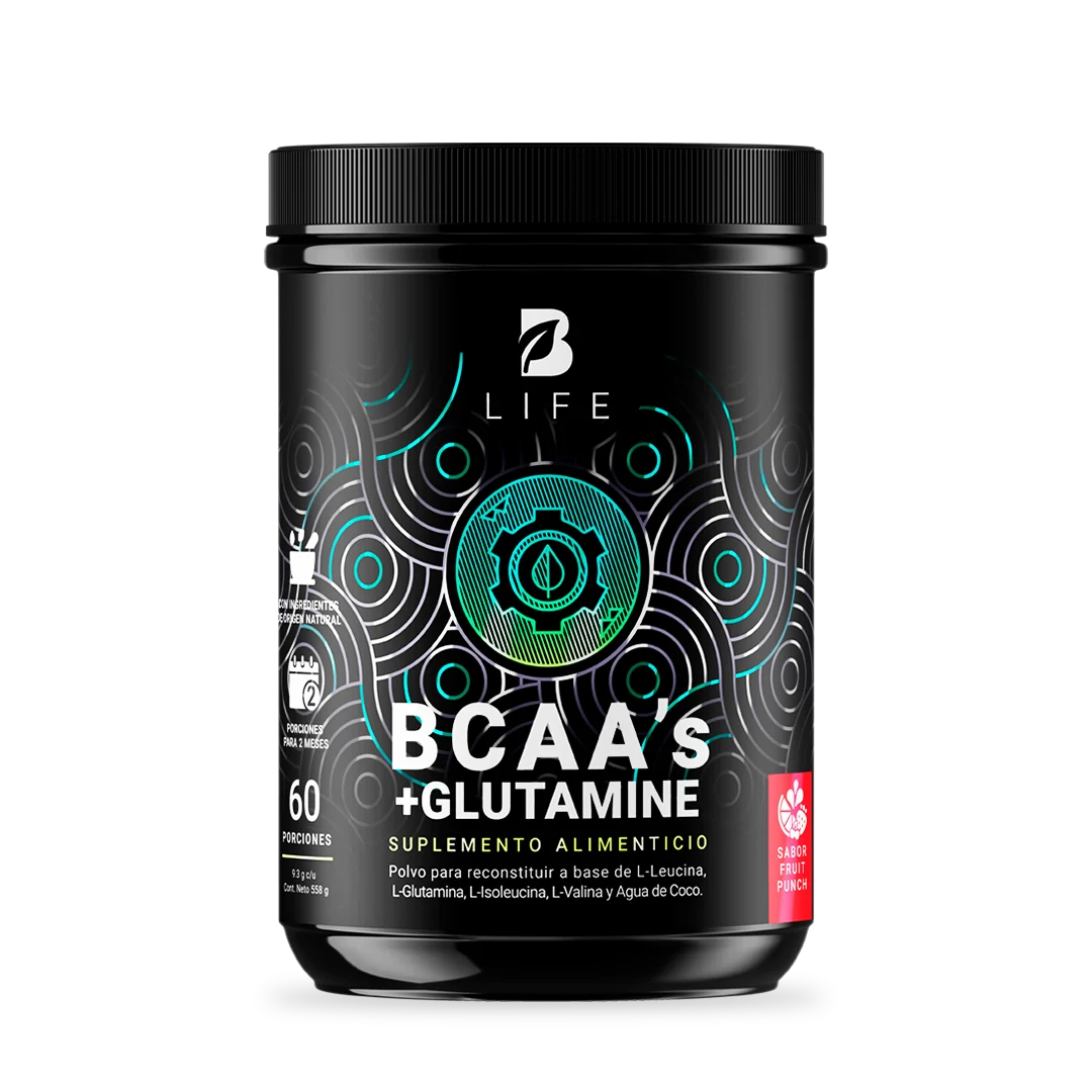 BCAAs con Glutamina en polvo |  558 gr | 60 Porciones | con Glutamina y Agua de Coco | Sabor Ponche de Frutas   - 60 porciones - B Life®
