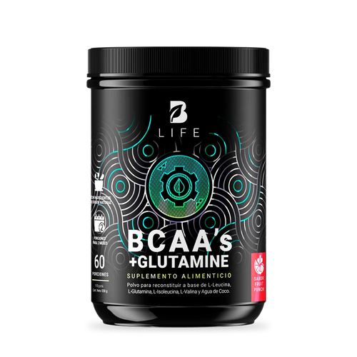 BCAAs con Glutamina en polvo |  558 gr | 60 Porciones | con Glutamina y Agua de Coco | Sabor Ponche de Frutas   - 60 porciones - B Life®