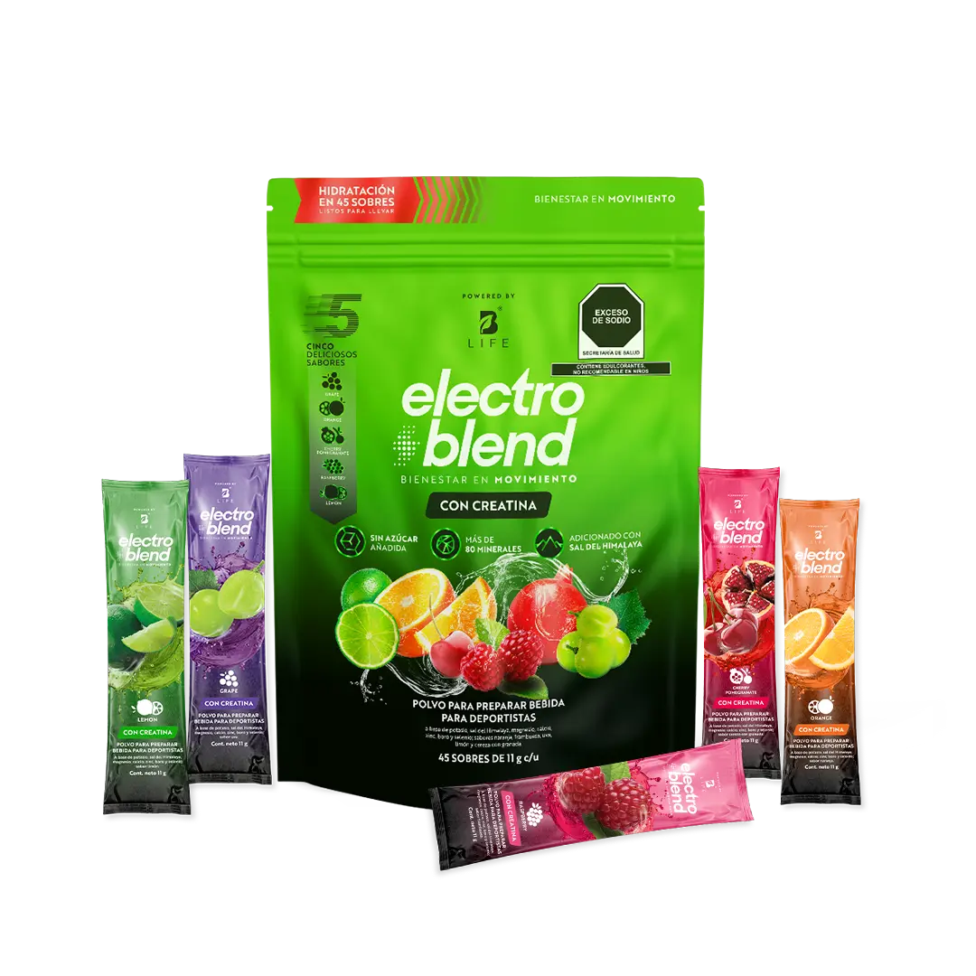 Electrolitos con Creatina | 5 g por porción | Sin Azúcar Añadida | 45 Sobres - 495 g | 45 sobres - B Life®