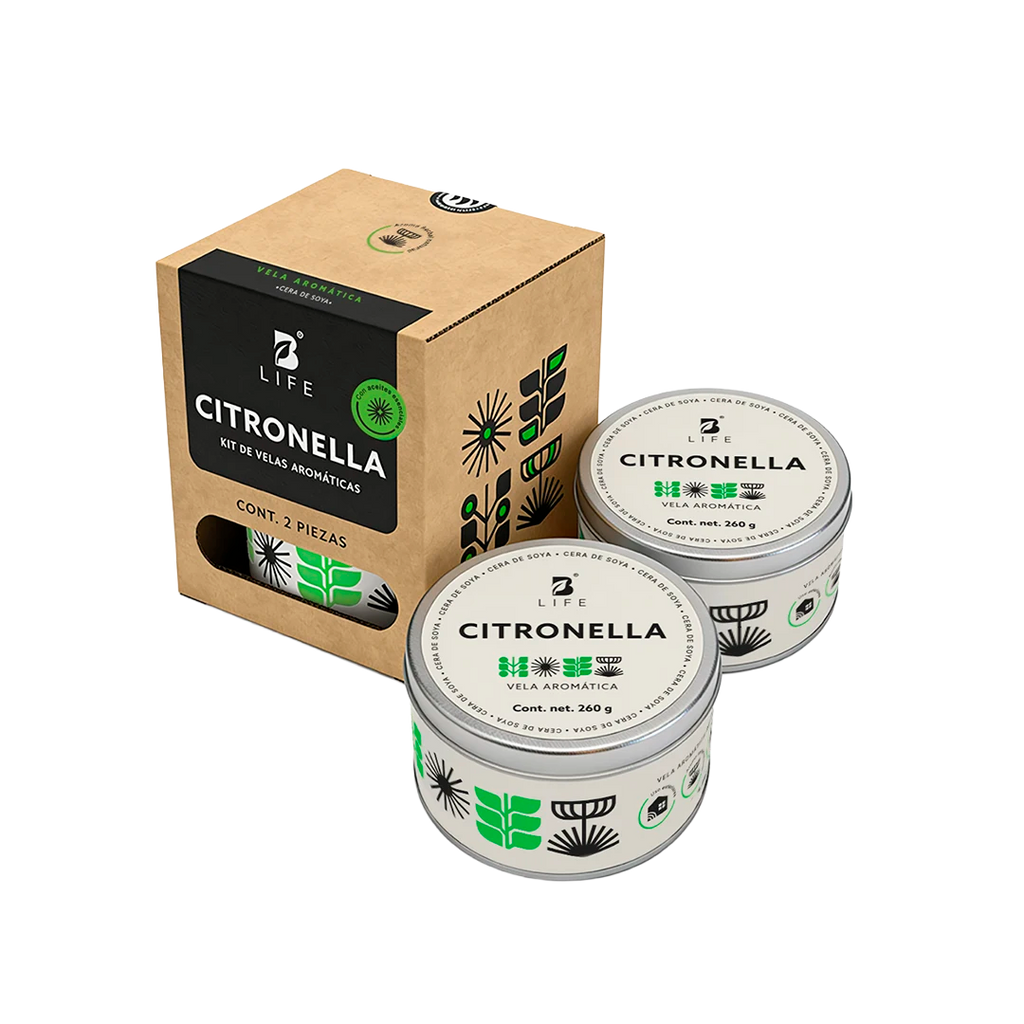Velas de Soya con Citronela | Kit 2 Piezas 260 g | Aroma Natural para Interior y Exterior - 260 g c/u - B Life®