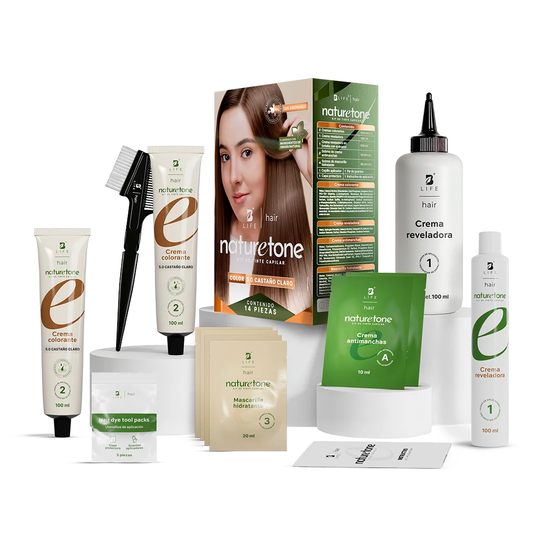 Tinte para Cabello sin Amoníaco | Color y Cuidado con Argán, Jojoba y Aloe Vera | Kit Completo 14 Piezas - Castaño Claro | 14 piezas - B Life®