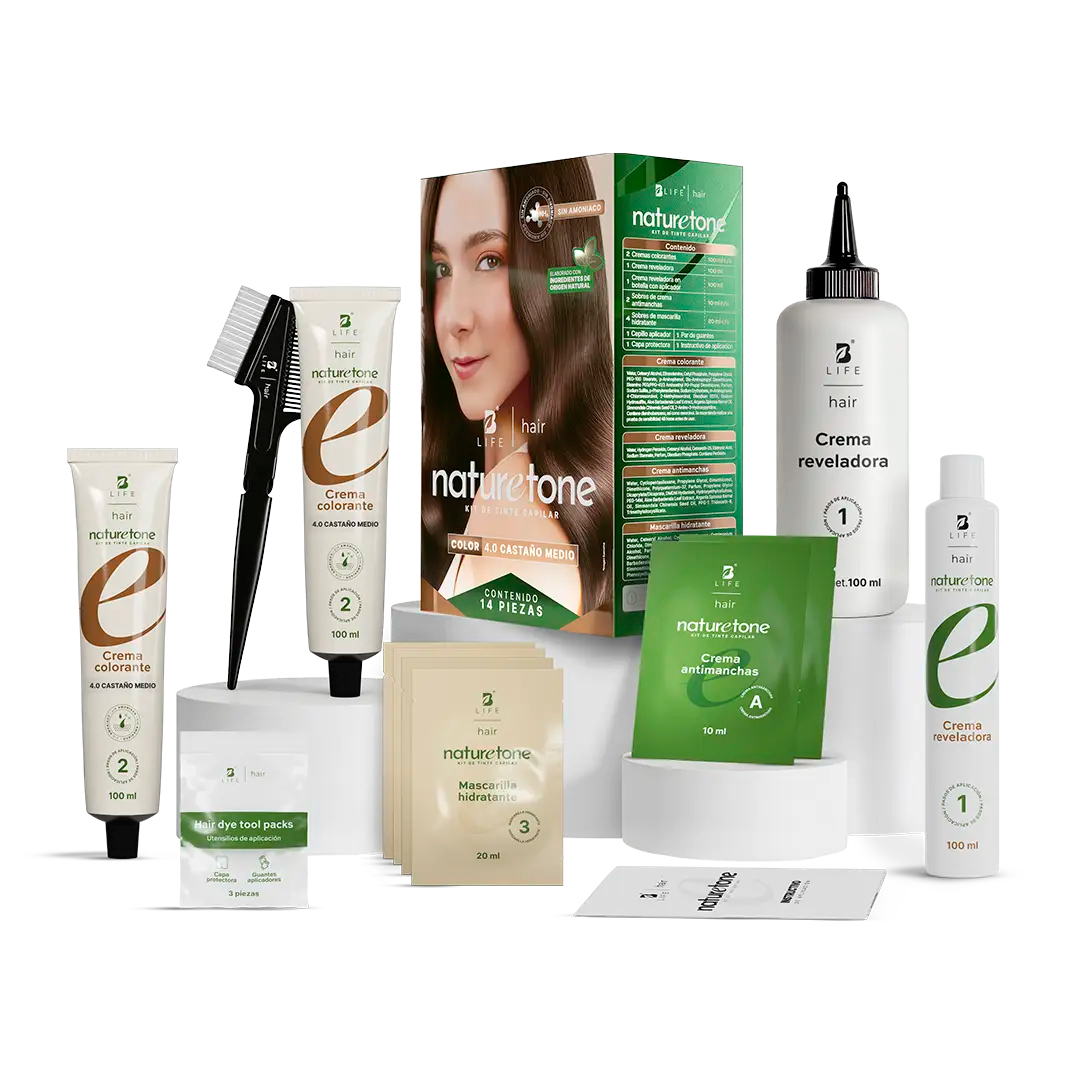 Tinte para Cabello sin Amoníaco | Color y Cuidado con Argán, Jojoba y Aloe Vera | Kit Completo 14 Piezas - Castaño  Medio | 14 piezas  - B Life®