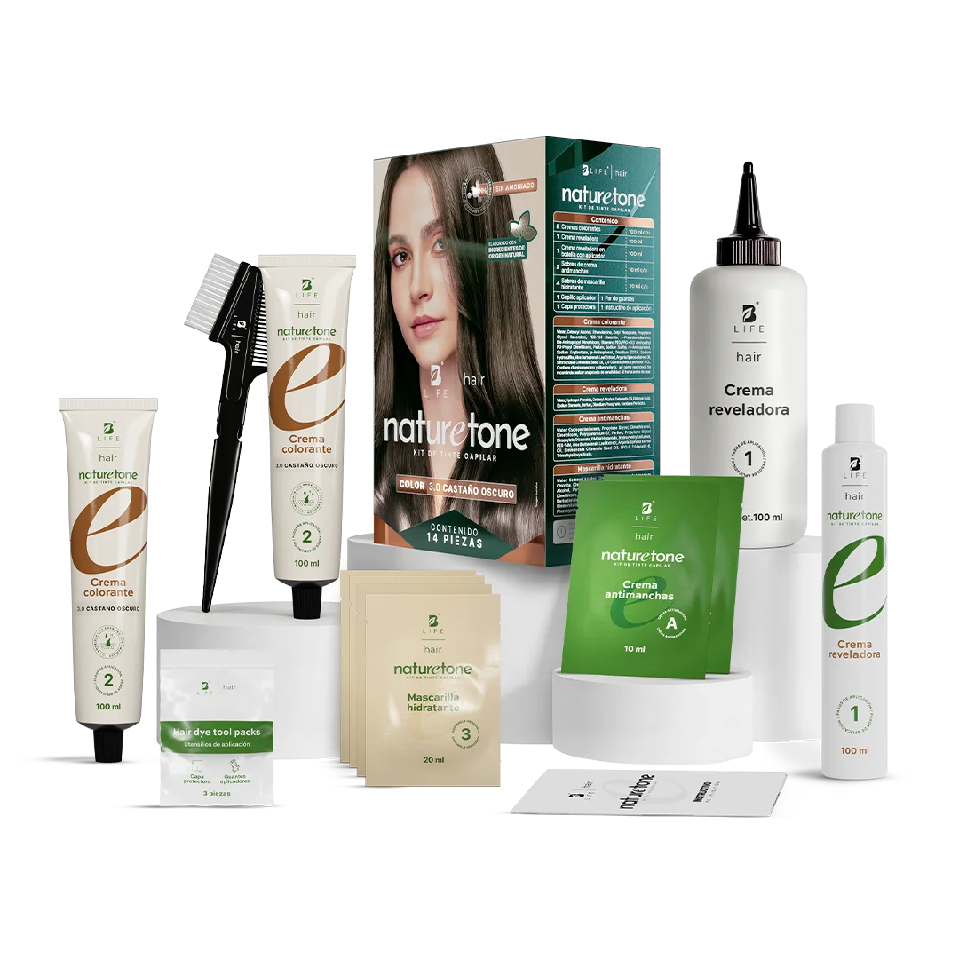 Tinte para Cabello sin Amoníaco | Color y Cuidado con Argán, Jojoba y Aloe Vera | Kit Completo 14 Piezas - Castaño Oscuro | 14 piezas - B Life®