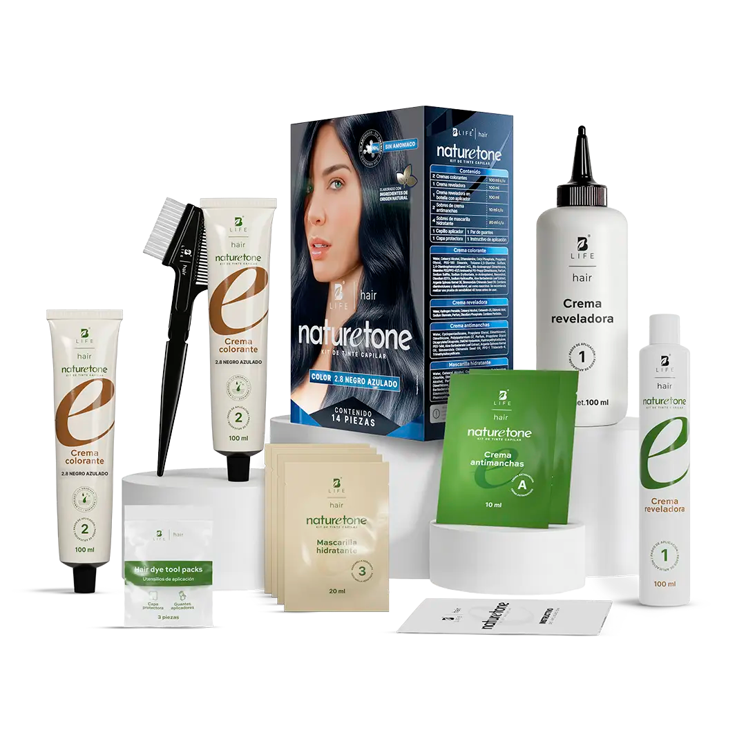 Tinte para Cabello sin Amoníaco | Color y Cuidado con Argán, Jojoba y Aloe Vera | Kit Completo 14 Piezas - Negro Azulado | 14 piezas  - B Life®
